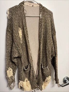 R13 Distressed Open-Front Cardigan in Olive and Cream